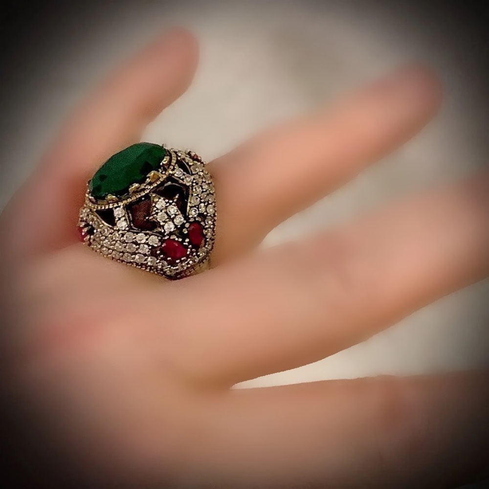 EMERALD RUBY FINE ART RING Size 9 Solid 925/Gold